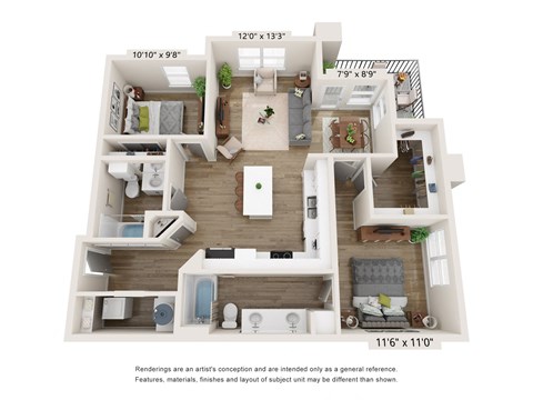 Floor plan for 2 beds, 2 baths, 1109 sqft